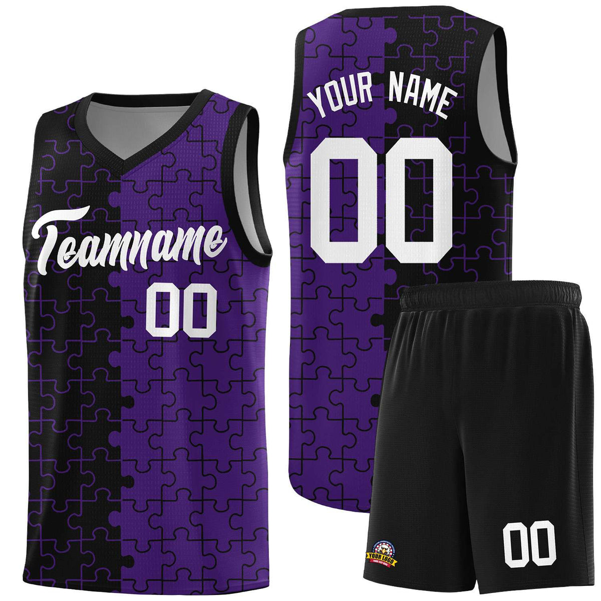 Custom Youth Basketball Jersey Black Purple Puzzle Pattern Moisture-Wicking Team Uniform