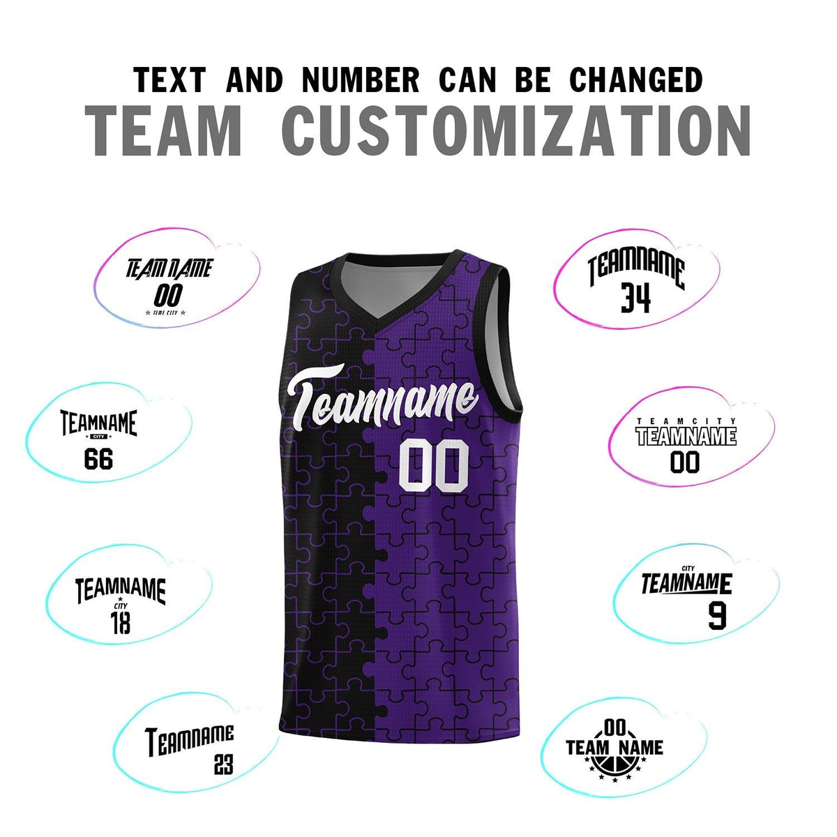Custom Youth Basketball Jersey Black Purple Puzzle Pattern Moisture-Wicking Team Uniform