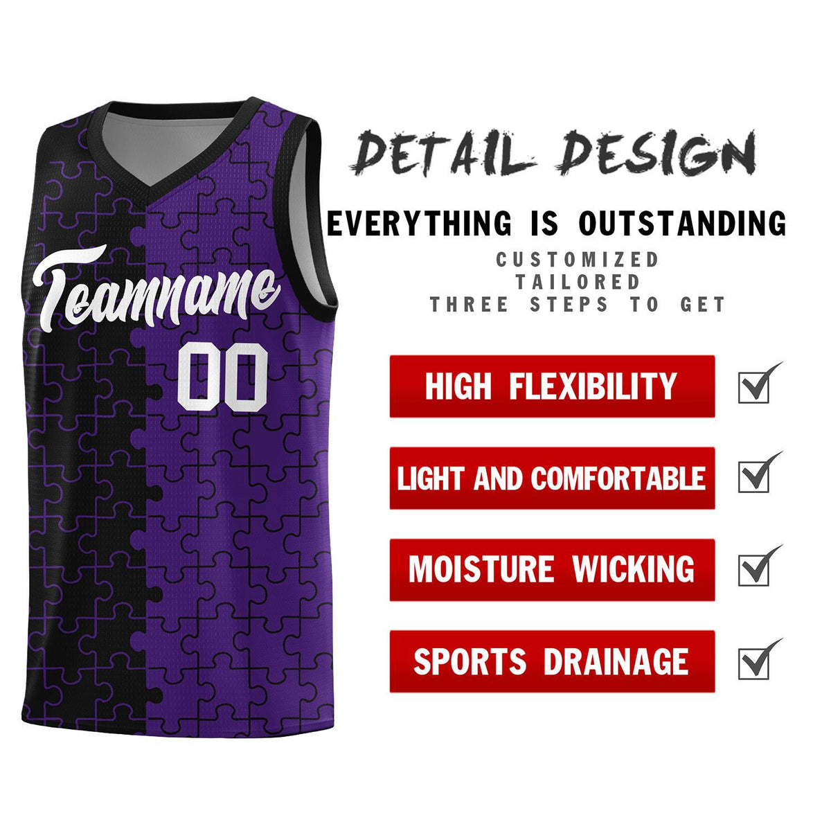 Custom Youth Basketball Jersey Black Purple Puzzle Pattern Moisture-Wicking Team Uniform