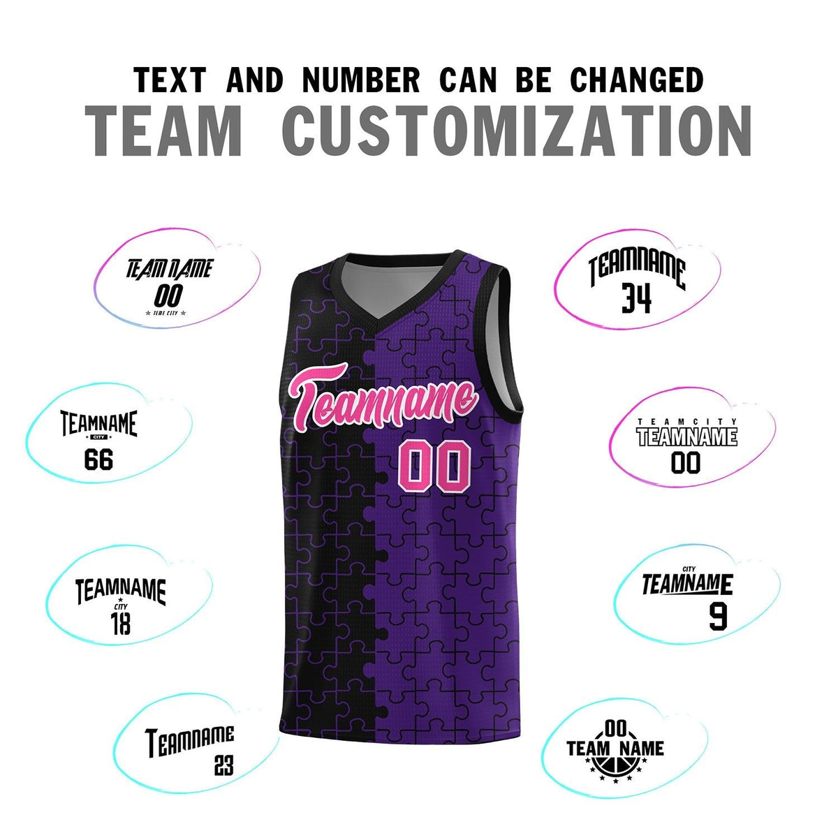 Custom Youth Basketball Jersey Black Purple Puzzle Pattern Personalized Team Uniform