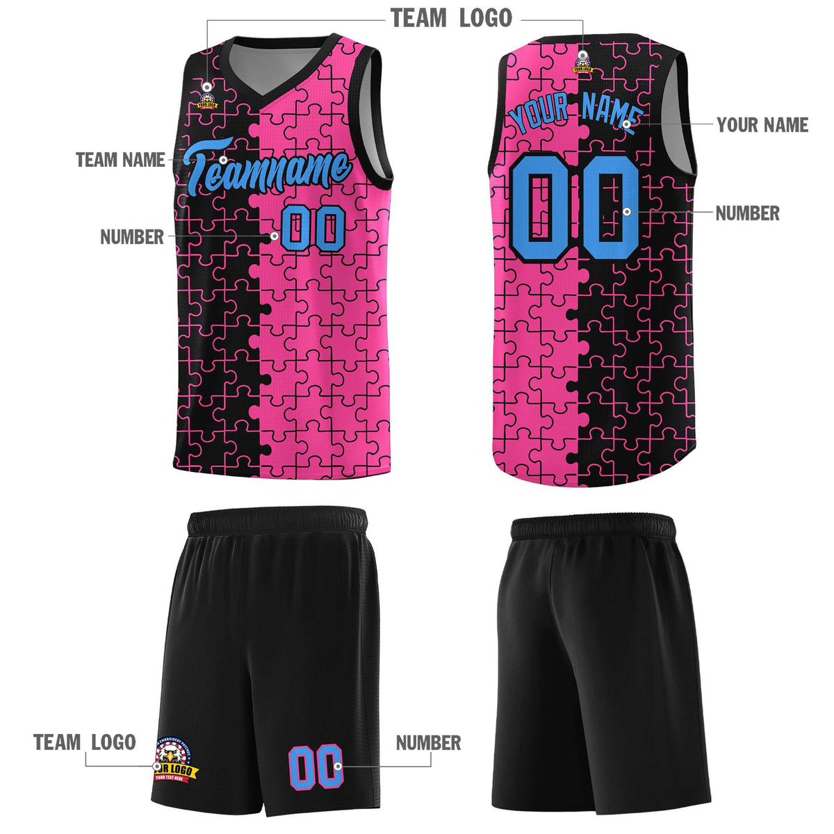 Custom Youth Basketball Jersey Black Pink Puzzle Pattern Add Name, Number &amp; Team Logo