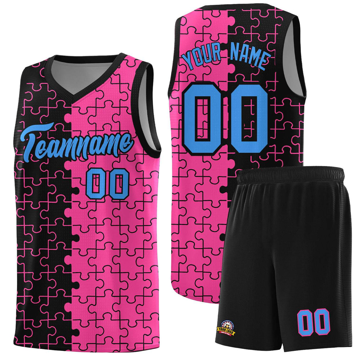Custom Youth Basketball Jersey Black Pink Puzzle Pattern Add Name, Number &amp; Team Logo