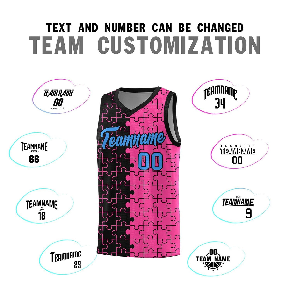 Custom Youth Basketball Jersey Black Pink Puzzle Pattern Add Name, Number &amp; Team Logo
