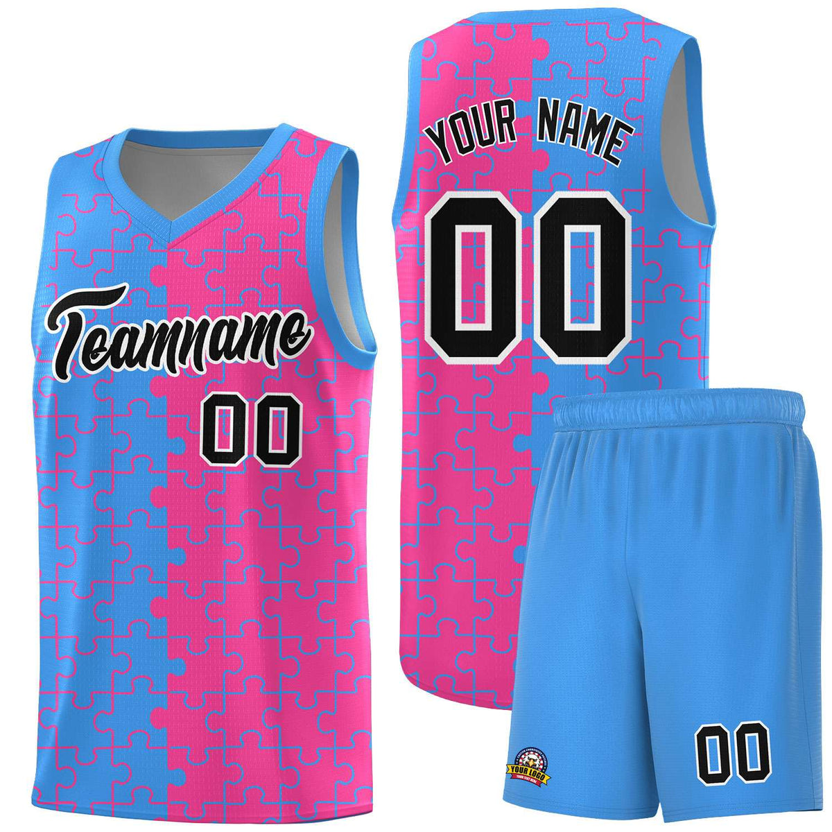 Custom Youth Basketball Jersey Light Blue Pink Puzzle Pattern Breathable Team Uniform