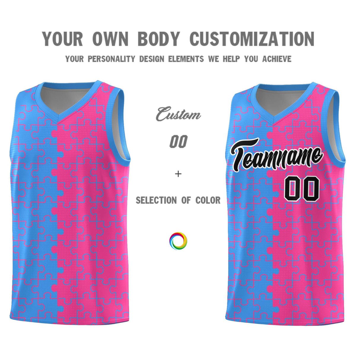 Custom Youth Basketball Jersey Light Blue Pink Puzzle Pattern Breathable Team Uniform
