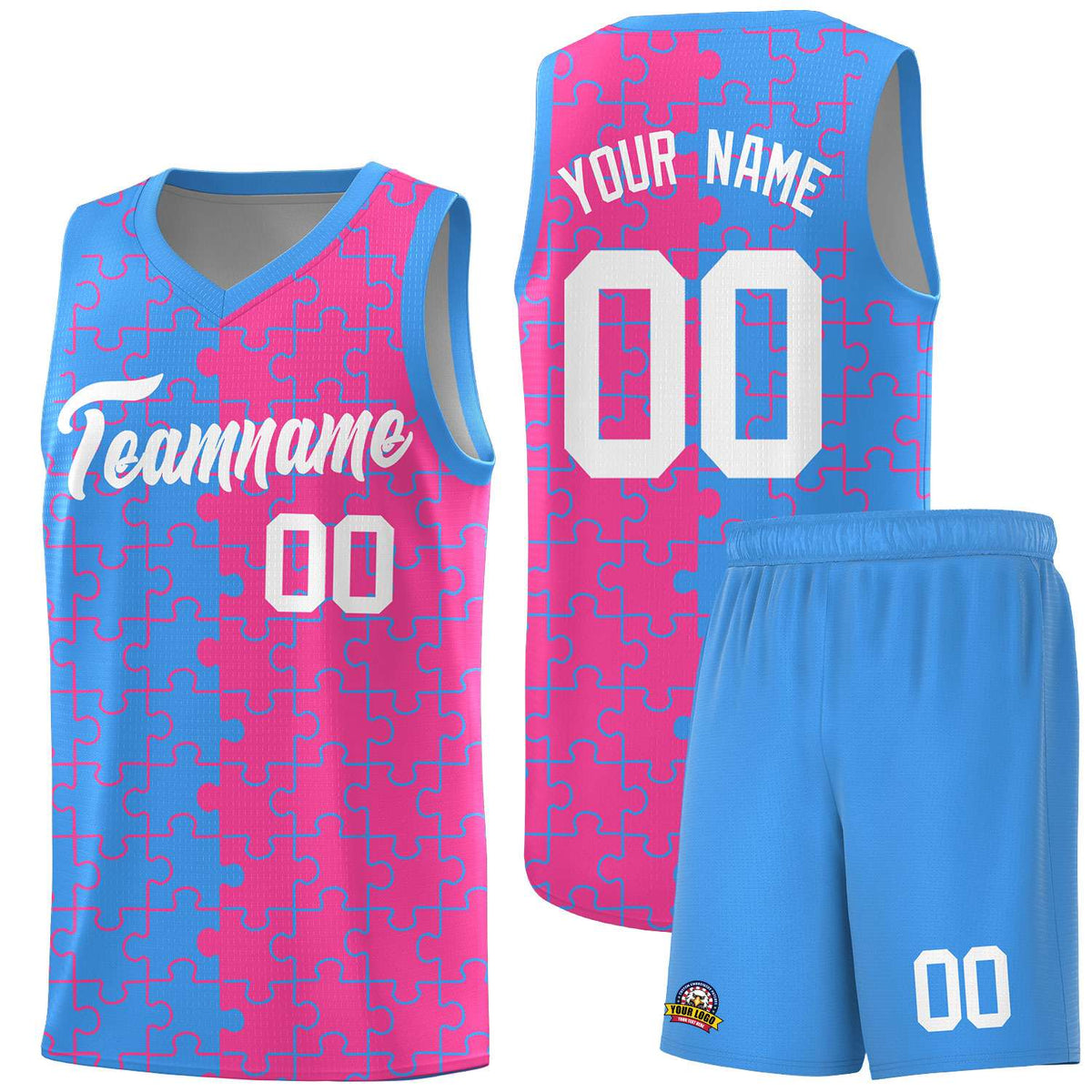 Custom Youth Basketball Jersey Light Blue Pink Puzzle Pattern Moisture-Wicking Team Uniform