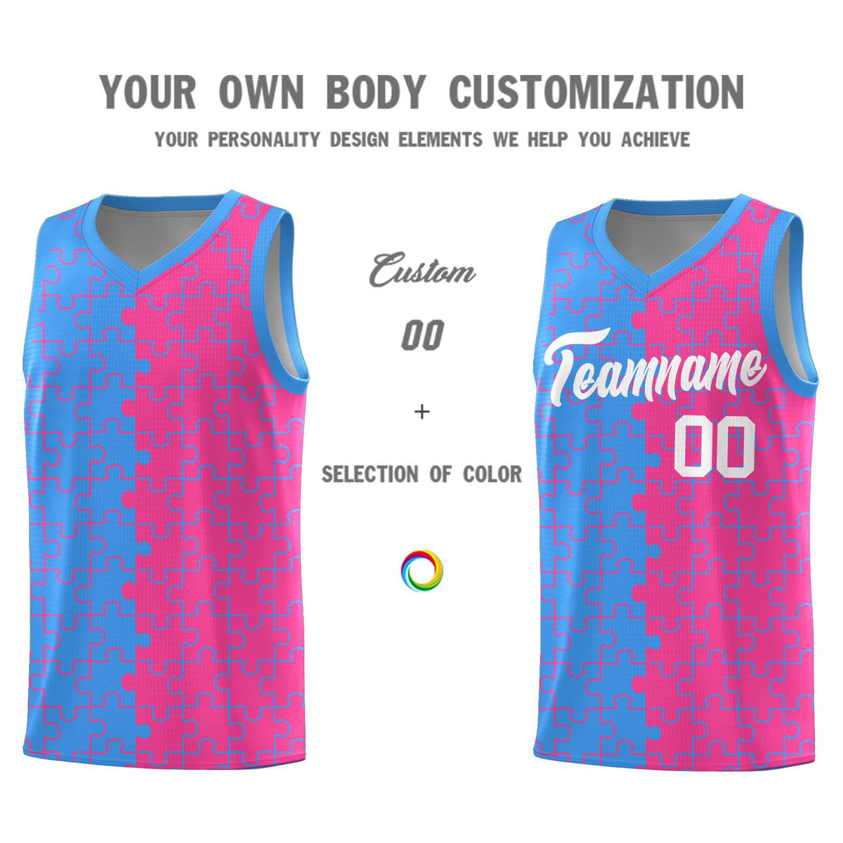Custom Youth Basketball Jersey Light Blue Pink Puzzle Pattern Moisture-Wicking Team Uniform