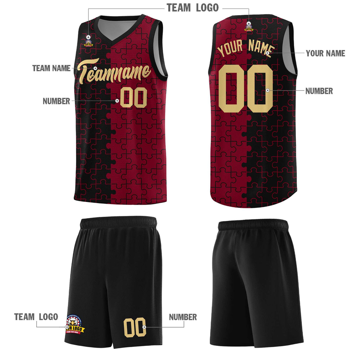 Custom Youth Basketball Jersey Black Crimson Puzzle Pattern Breathable Team Uniform