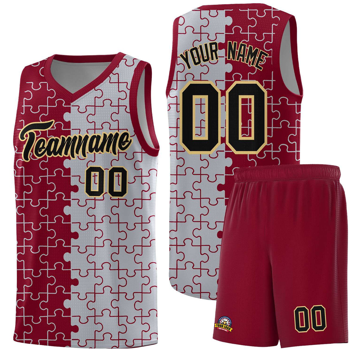Custom Youth Basketball Jersey Crimson Gray Puzzle Pattern Moisture-Wicking Team Uniform