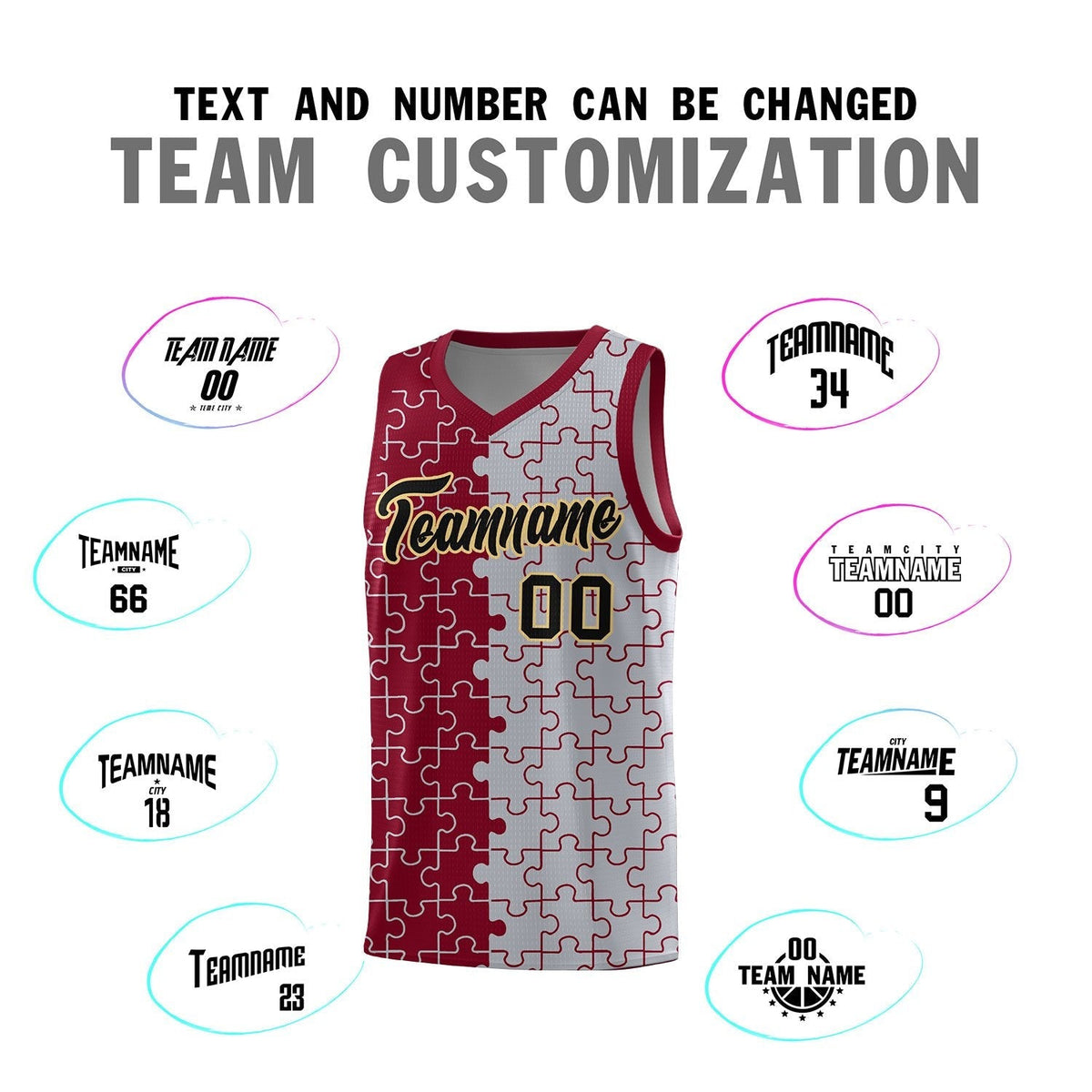 Custom Youth Basketball Jersey Crimson Gray Puzzle Pattern Moisture-Wicking Team Uniform