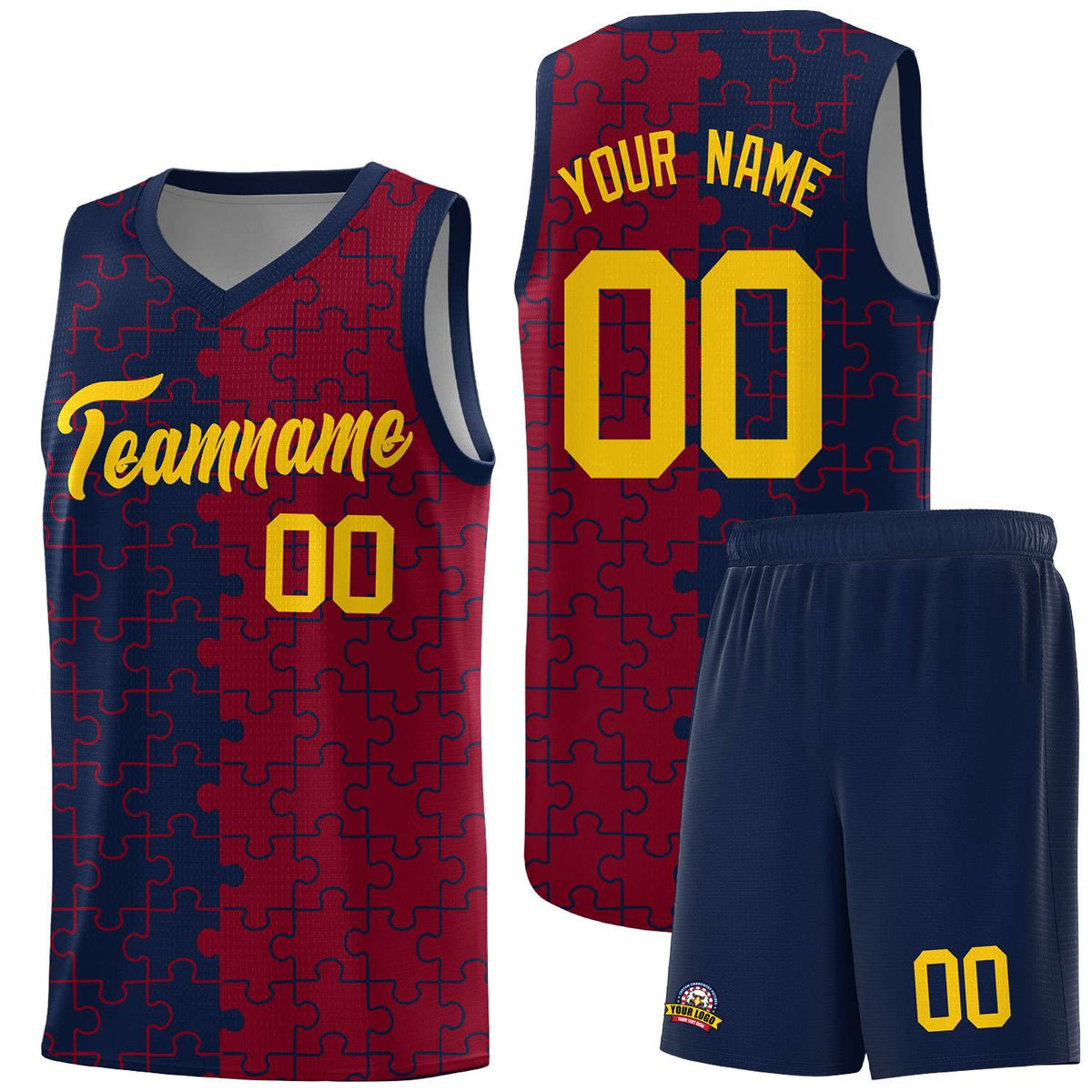 Custom Youth Basketball Jersey Navy Crimson Puzzle Pattern Personalized Team Uniform