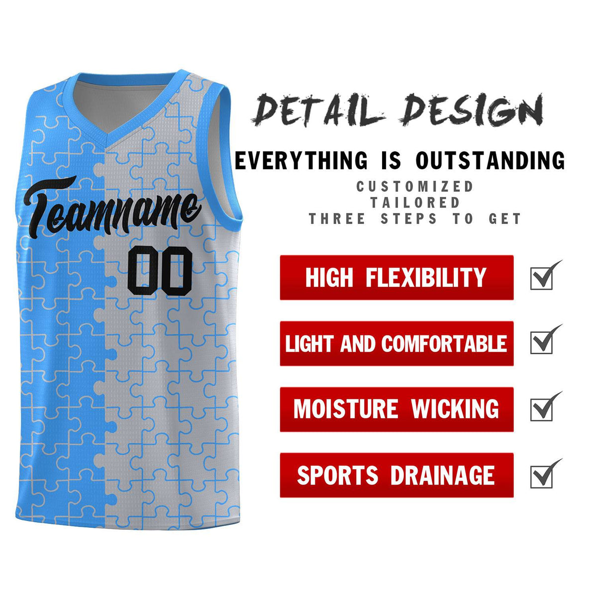 Custom Youth Basketball Jersey Light Blue Gray Puzzle Pattern Add Name, Number &amp; Team Logo