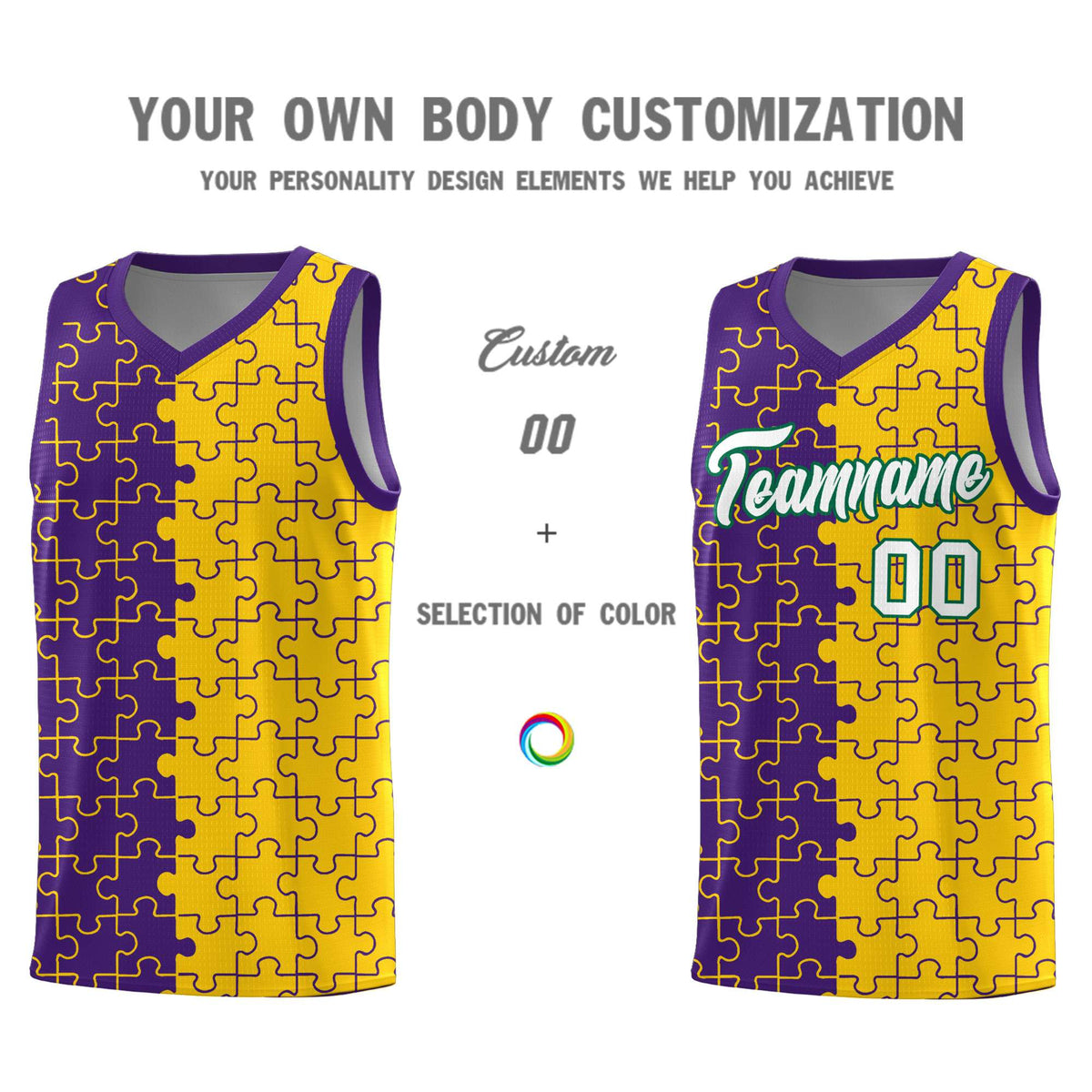 Custom Youth Basketball Jersey Purple Gold Puzzle Pattern Personalized Team Uniform
