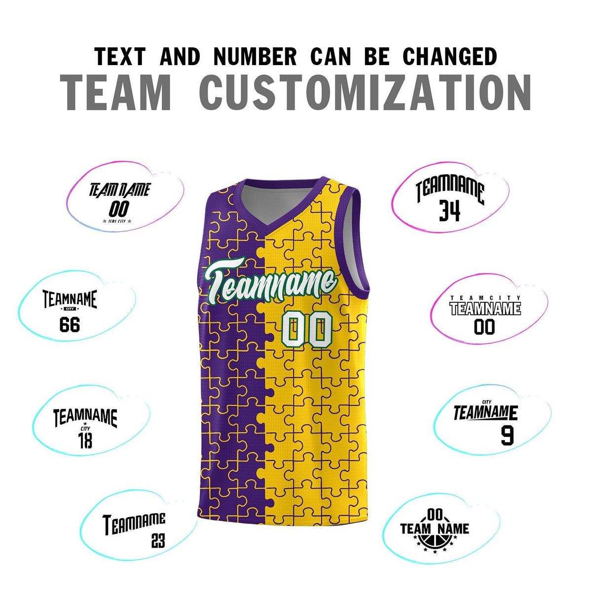 Custom Youth Basketball Jersey Purple Gold Puzzle Pattern Personalized Team Uniform
