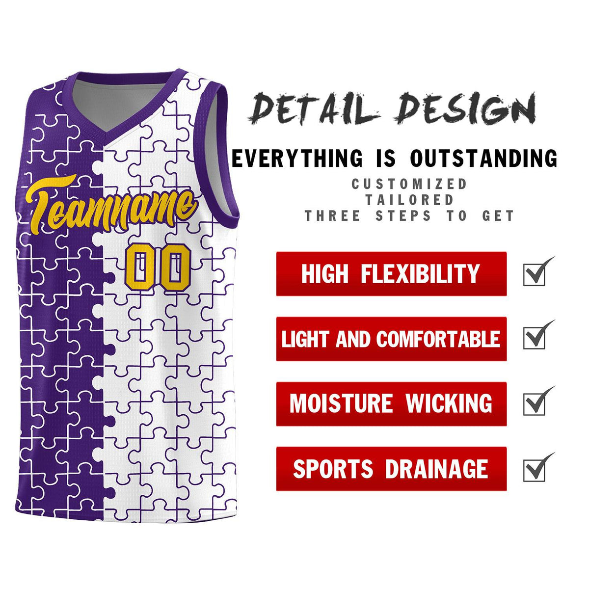 Custom Youth Basketball Jersey Purple White Puzzle Pattern Add Name, Number &amp; Team Logo