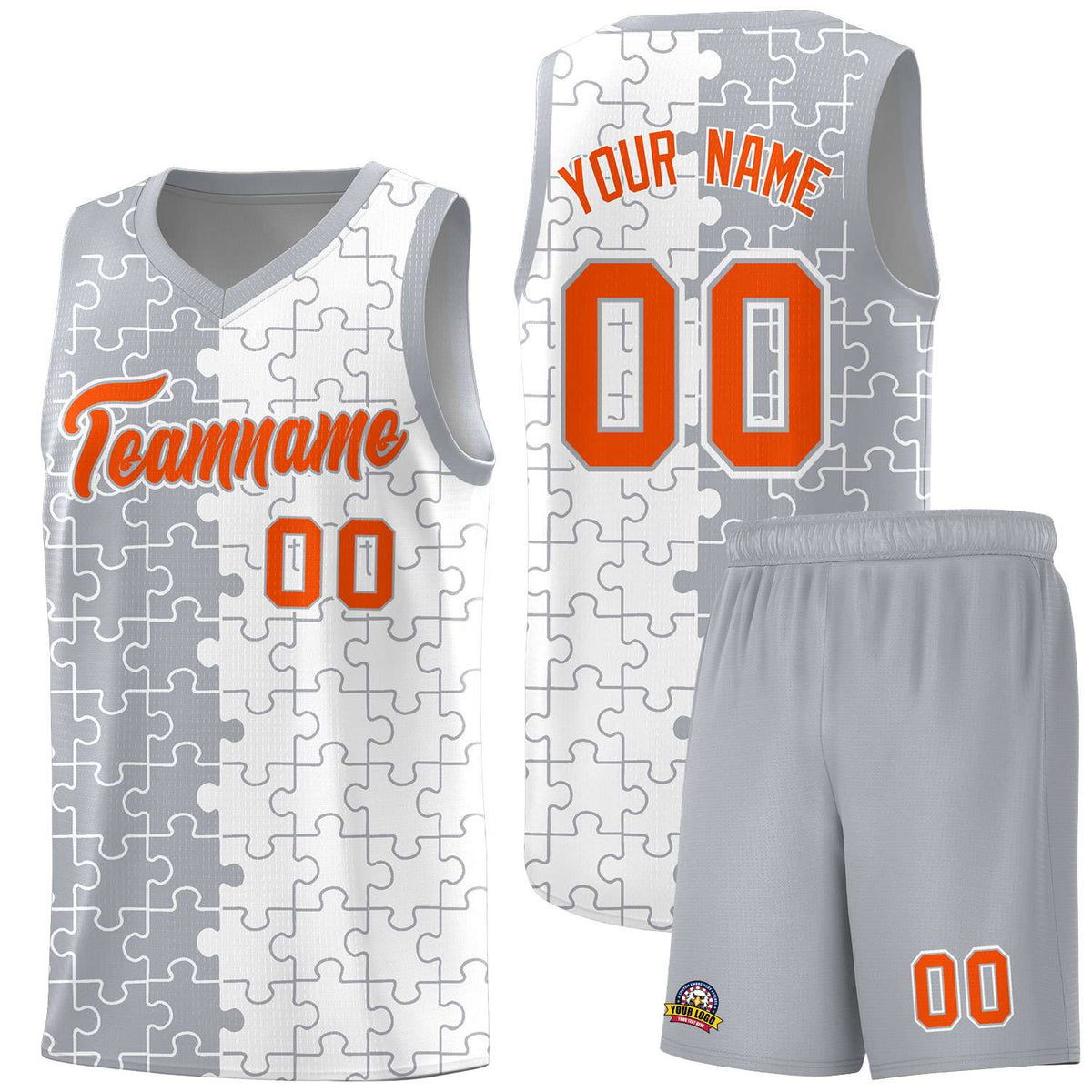Custom Youth Basketball Jersey Gray White Puzzle Pattern Breathable Team Uniform