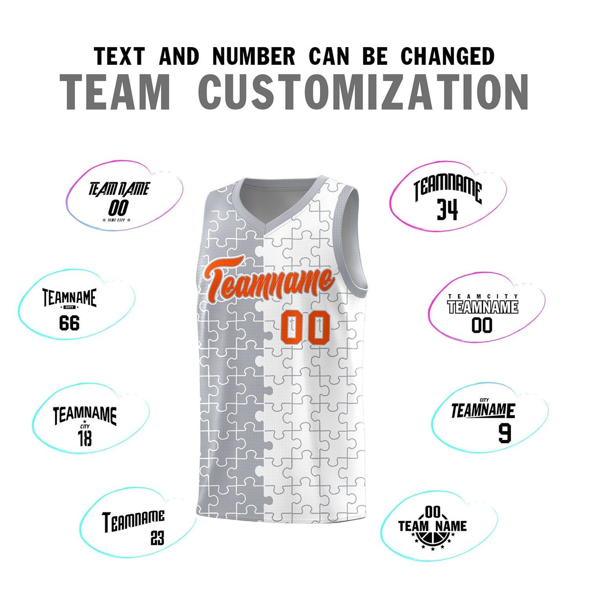 Custom Youth Basketball Jersey Gray White Puzzle Pattern Breathable Team Uniform