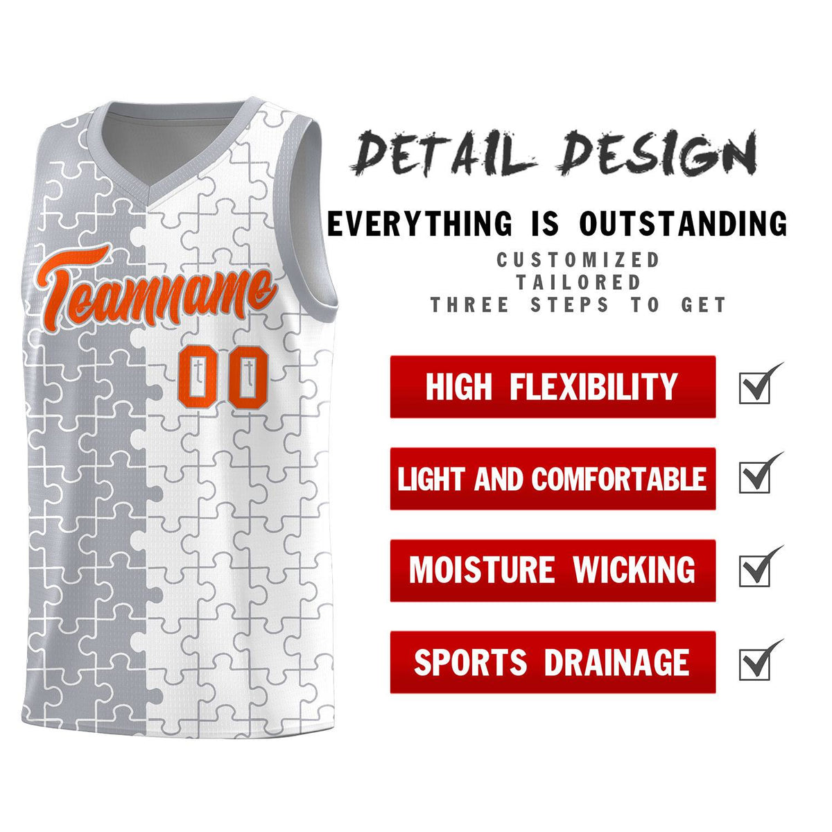 Custom Youth Basketball Jersey Gray White Puzzle Pattern Breathable Team Uniform