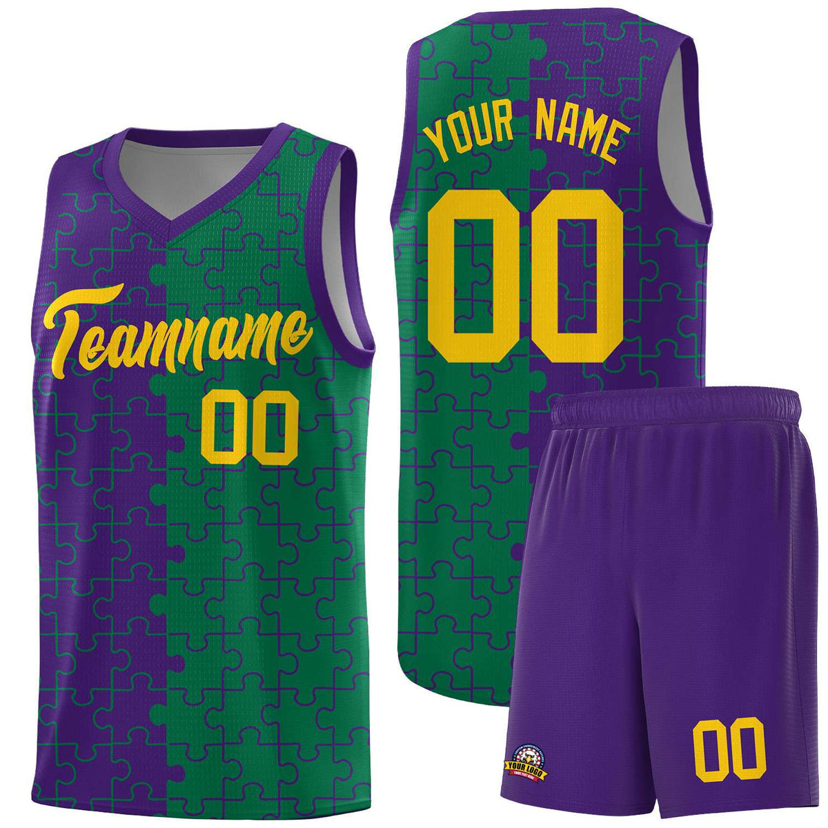 Custom Youth Basketball Jersey Purple Kelly Green Puzzle Pattern Breathable Team Uniform