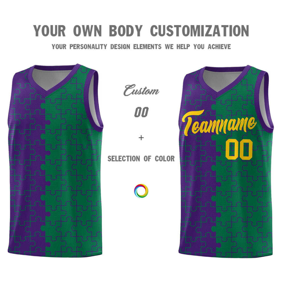 Custom Youth Basketball Jersey Purple Kelly Green Puzzle Pattern Breathable Team Uniform