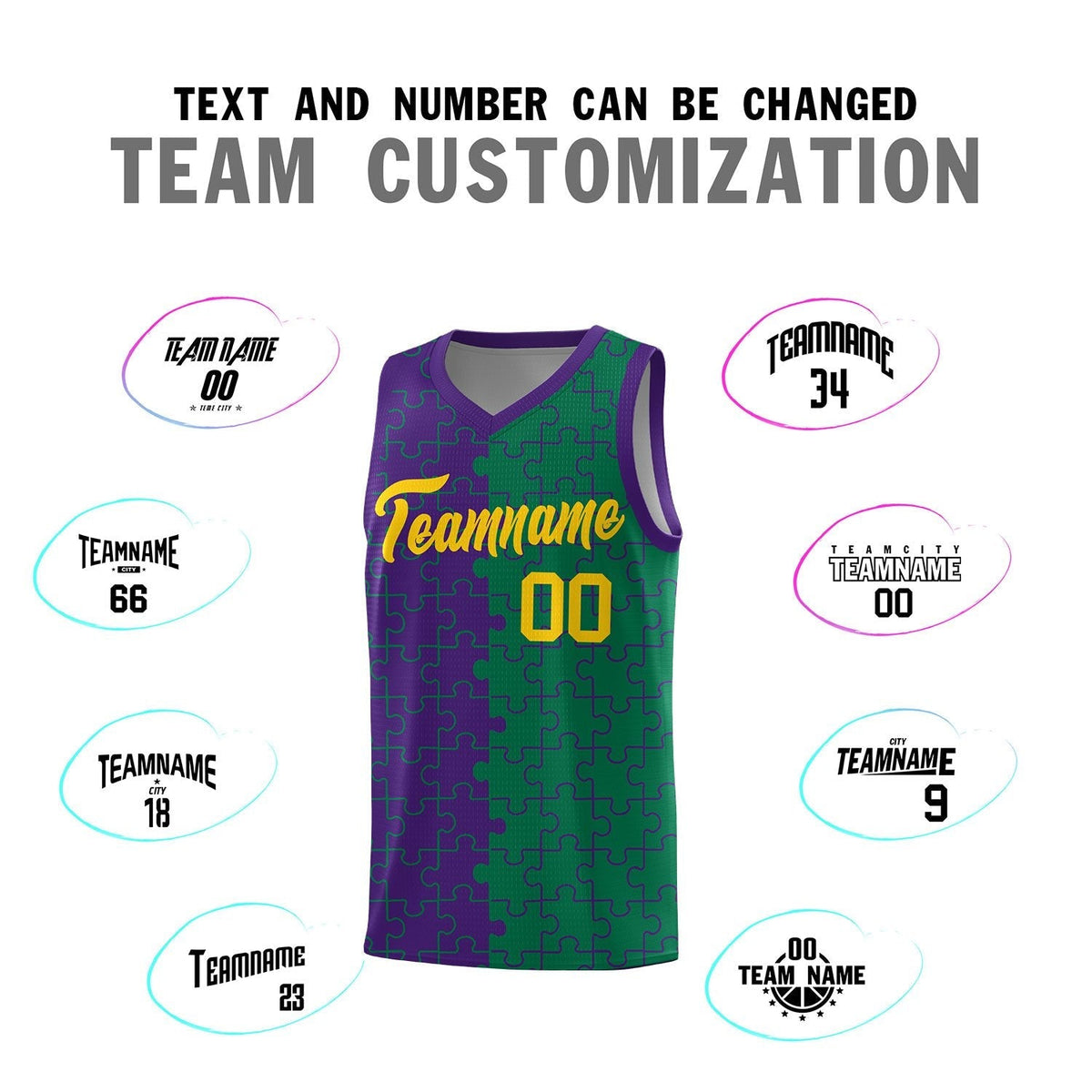 Custom Youth Basketball Jersey Purple Kelly Green Puzzle Pattern Breathable Team Uniform