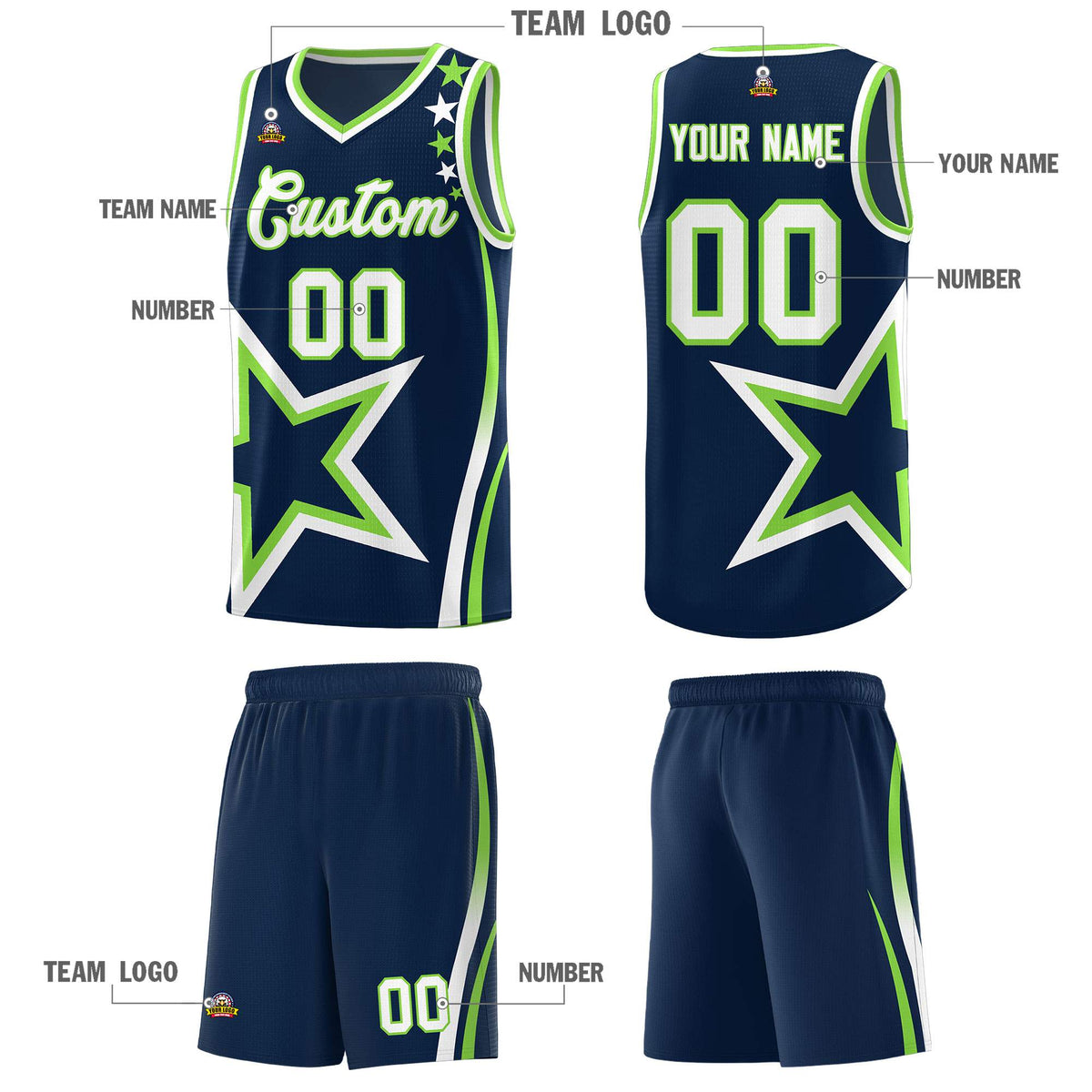 Custom Neon Green Navy-White Side Two-Tone Classic Sports Uniform Basketball Jersey |KXKSHOP