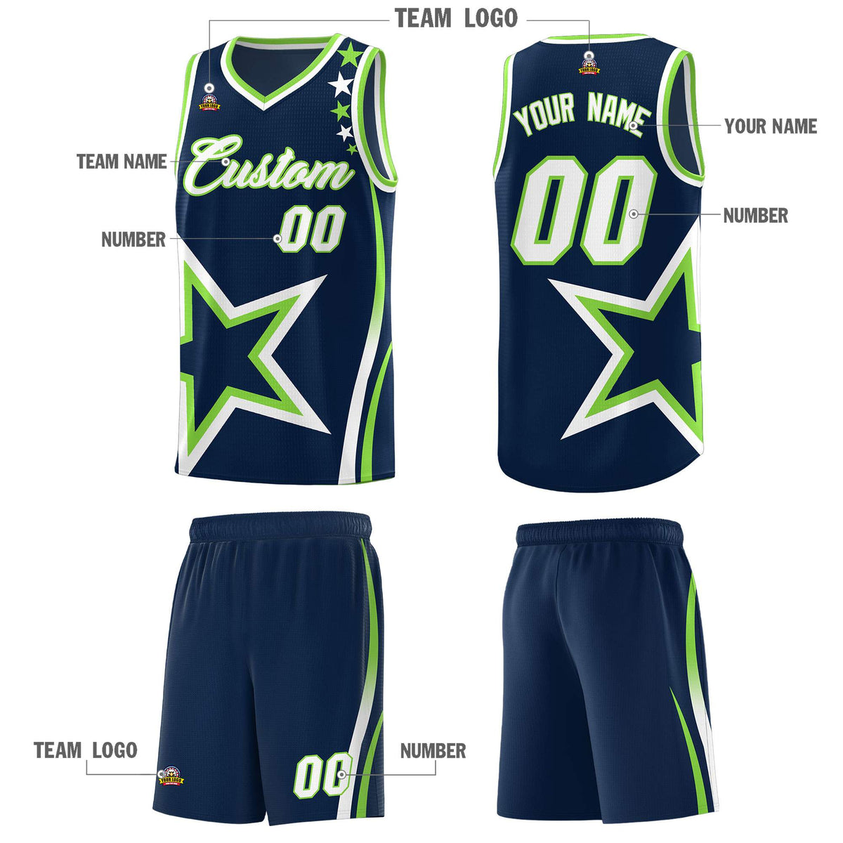 Custom Neon Green Navy-White Side Two-Tone Classic Sports Uniform Basketball Jersey |KXKSHOP