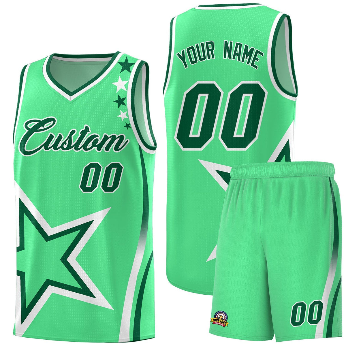 Custom Green Shoulder Stars Graffiti Pattern Kits Basketball Jersey |KXKSHOP