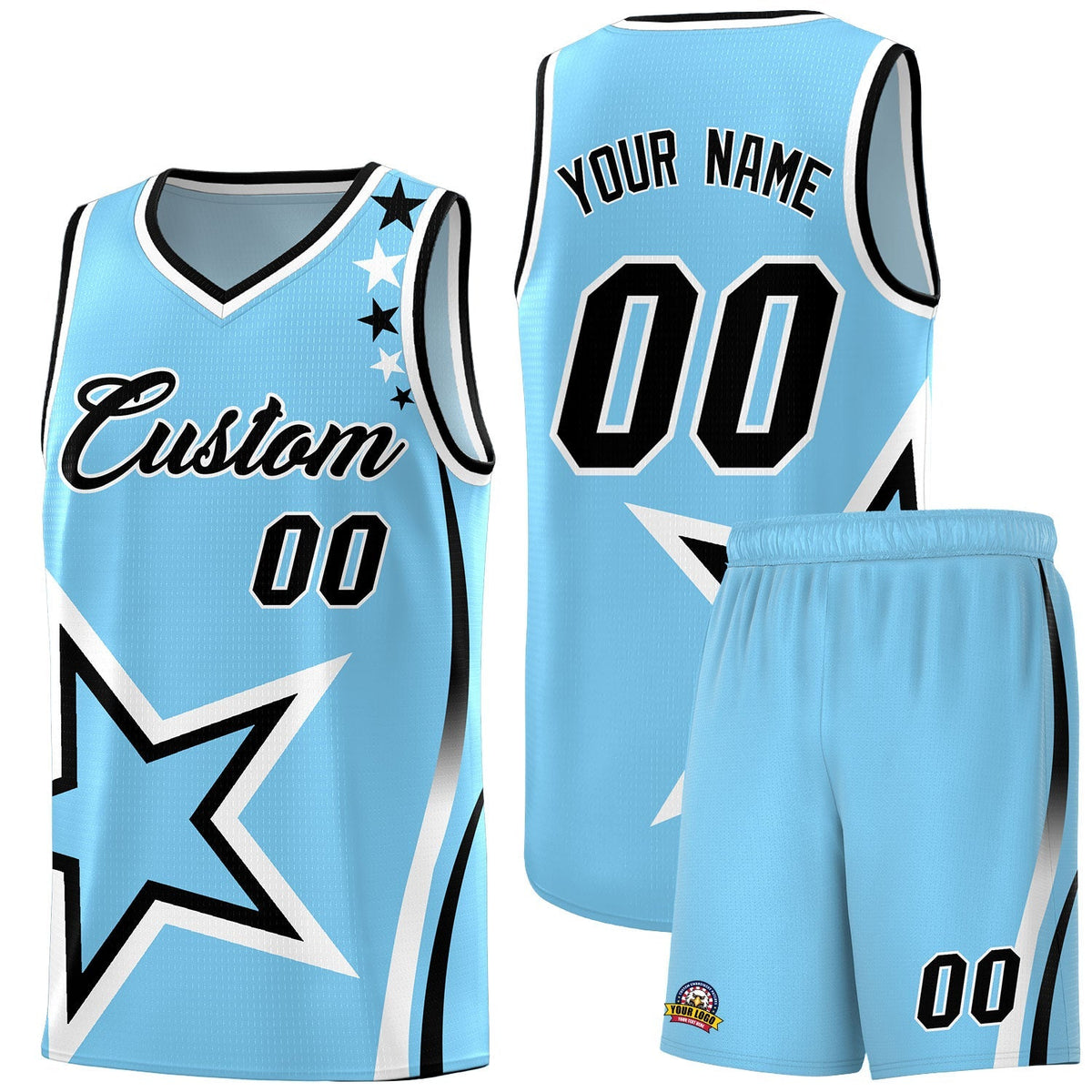 Custom Light Blue Shoulder Stars Graffiti Pattern Kits Basketball Jersey |KXKSHOP