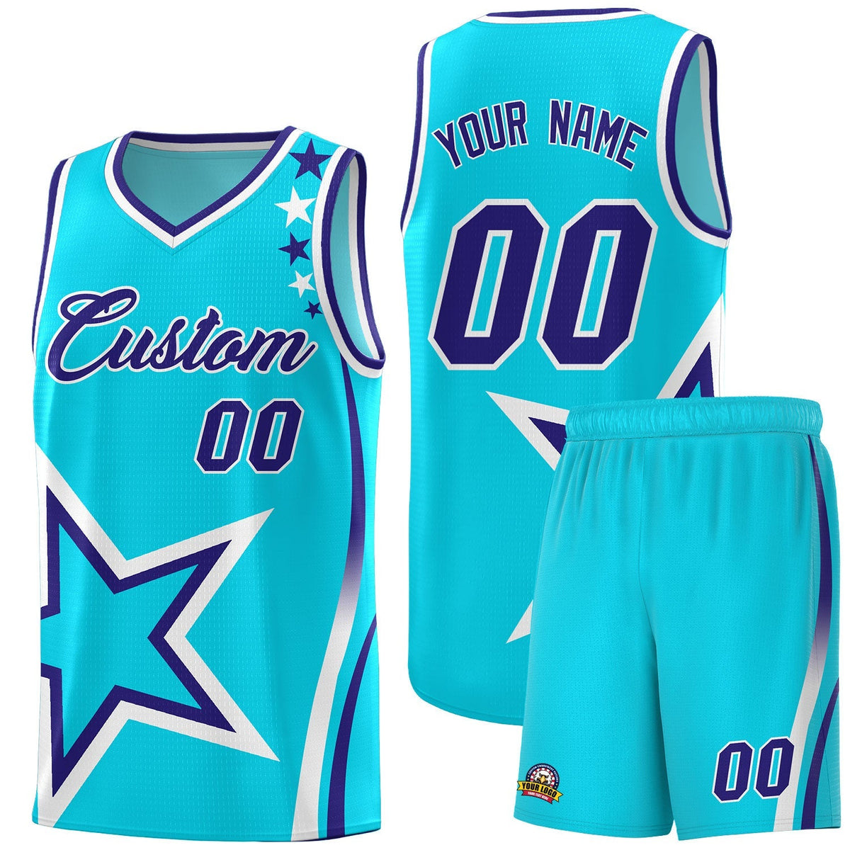 Custom Sky Blue Shoulder Stars Graffiti Pattern Kits Basketball Jersey |KXKSHOP
