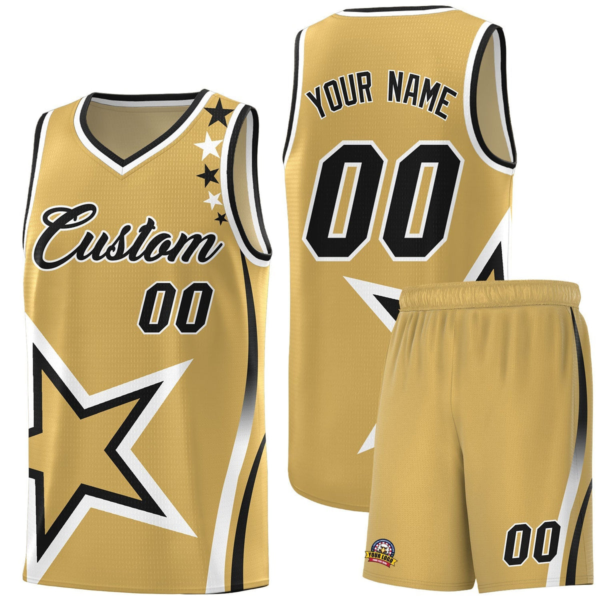 Custom Old Gold Shoulder Stars Graffiti Pattern Kits Basketball Jersey |KXKSHOP