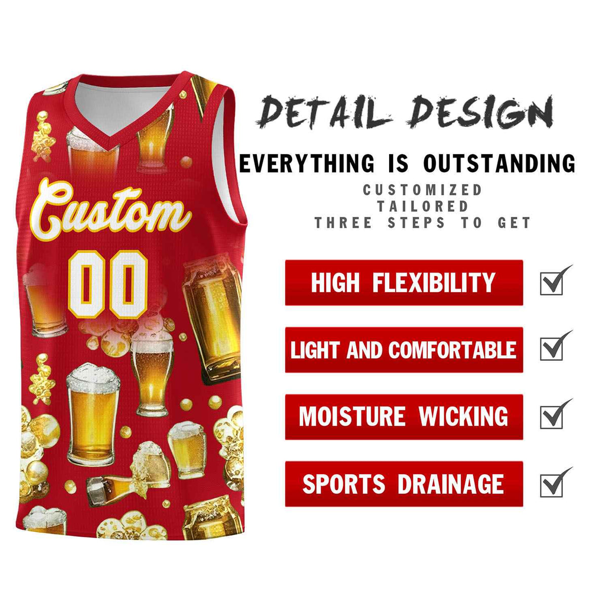 Custom Red National Beer Day Personalized Beer Bubble Basketball Jersey | Perfect for parties | Dye-sublimation printing | KXKSHOP