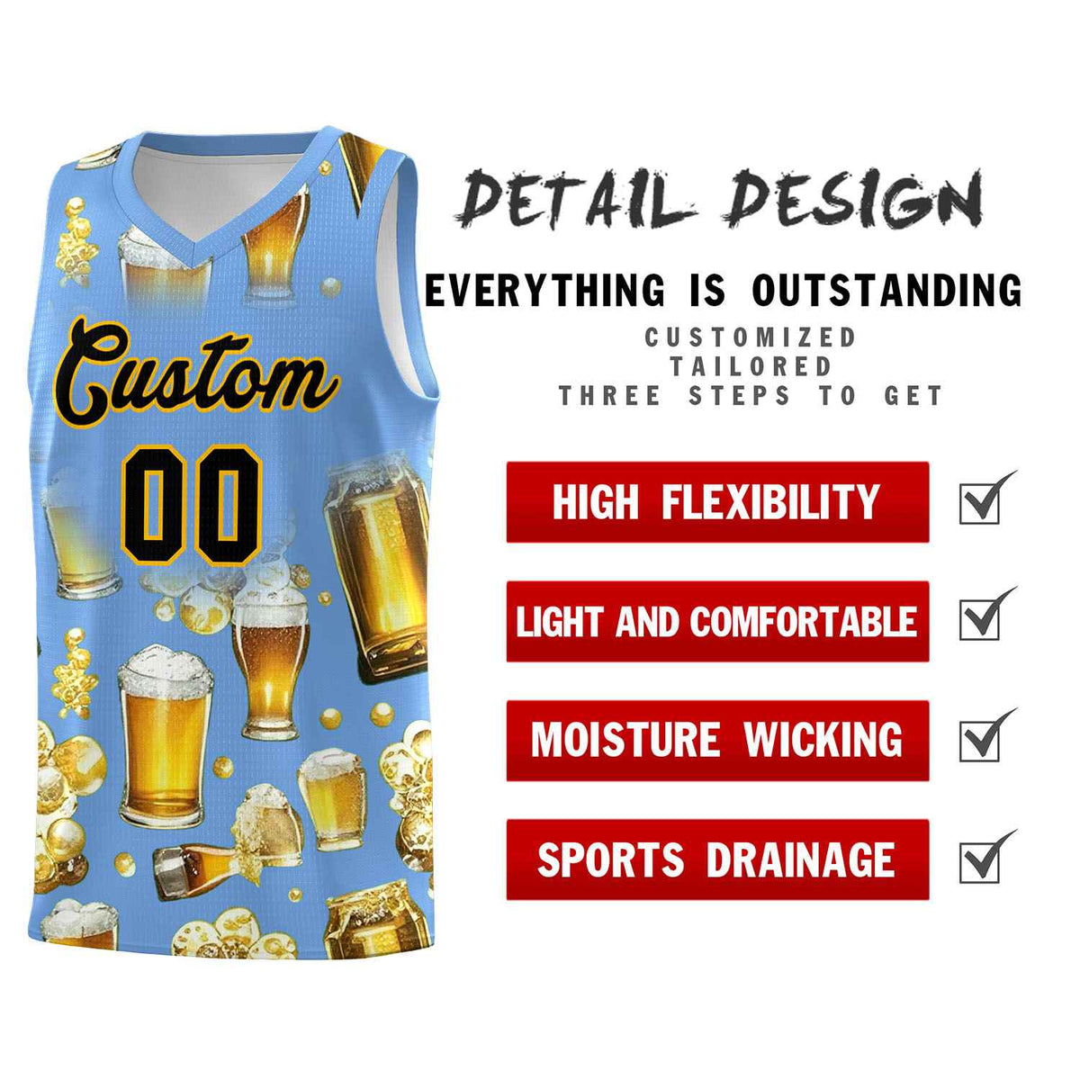 Custom Light Blue National Beer Day Personalized Beer Bubble Basketball Jersey | Perfect for parties | Dye-sublimation printing | KXKSHOP