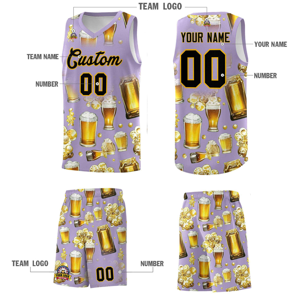 Custom Light Purple National Beer Day Personalized Beer Bubble Basketball Jersey | Perfect for parties | Dye-sublimation printing | KXKSHOP