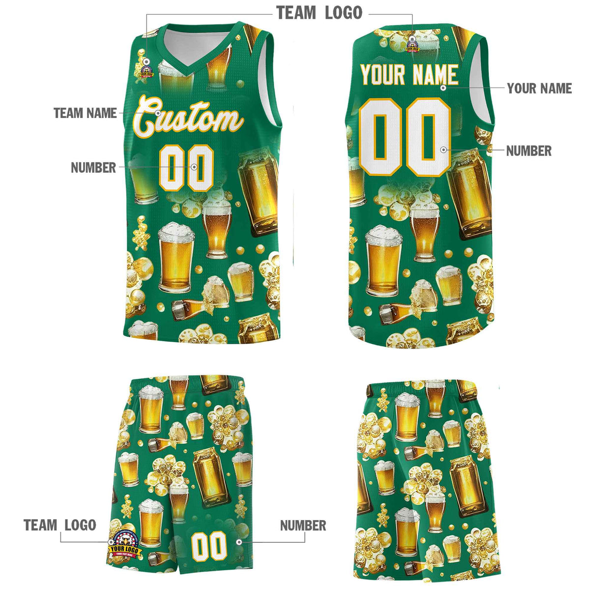 Custom Kelly Green National Beer Day Personalized Beer Bubble Basketball Jersey | Perfect for parties | Dye-sublimation printing | KXKSHOP