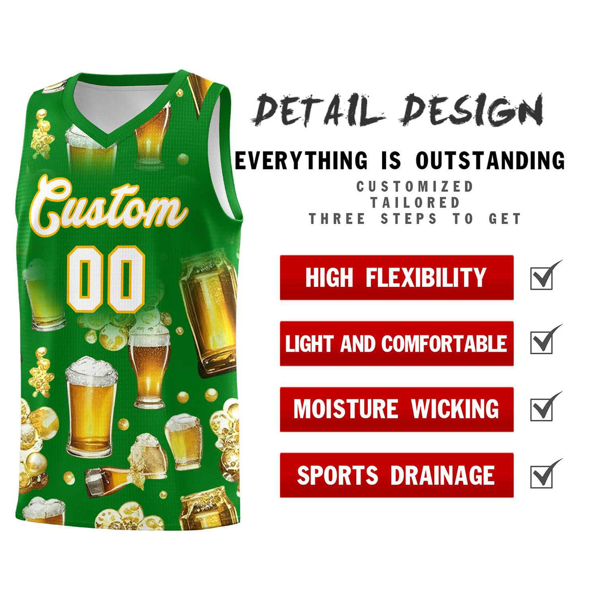 Custom Kelly Green-02 National Beer Day Personalized Beer Bubble Basketball Jersey | Perfect for parties | Dye-sublimation printing | KXKSHOP