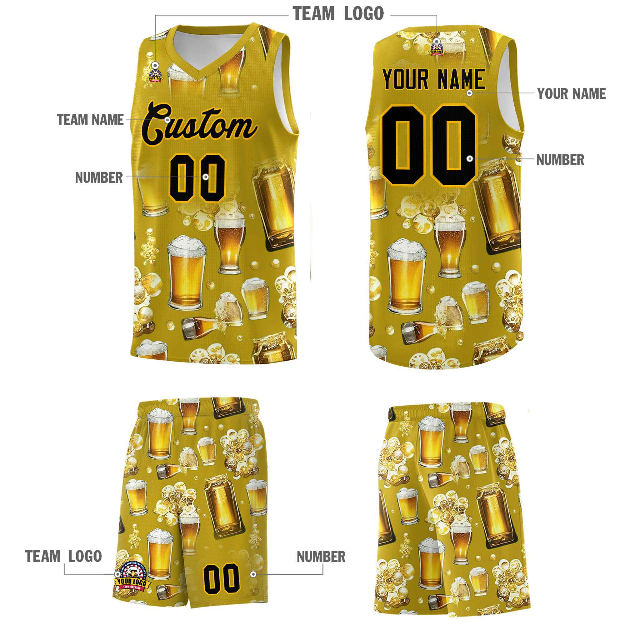 Custom Old Gold National Beer Day Personalized Beer Bubble Basketball Jersey | Perfect for parties | Dye-sublimation printing | KXKSHOP