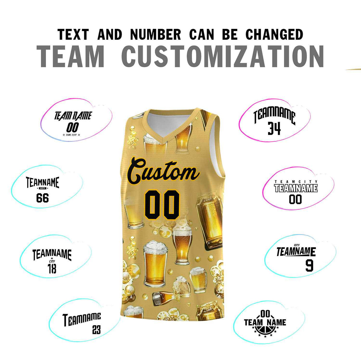 Custom Old Gold National Beer Day Personalized Beer Bubble Basketball Jersey | Perfect for parties | Dye-sublimation printing | KXKSHOP