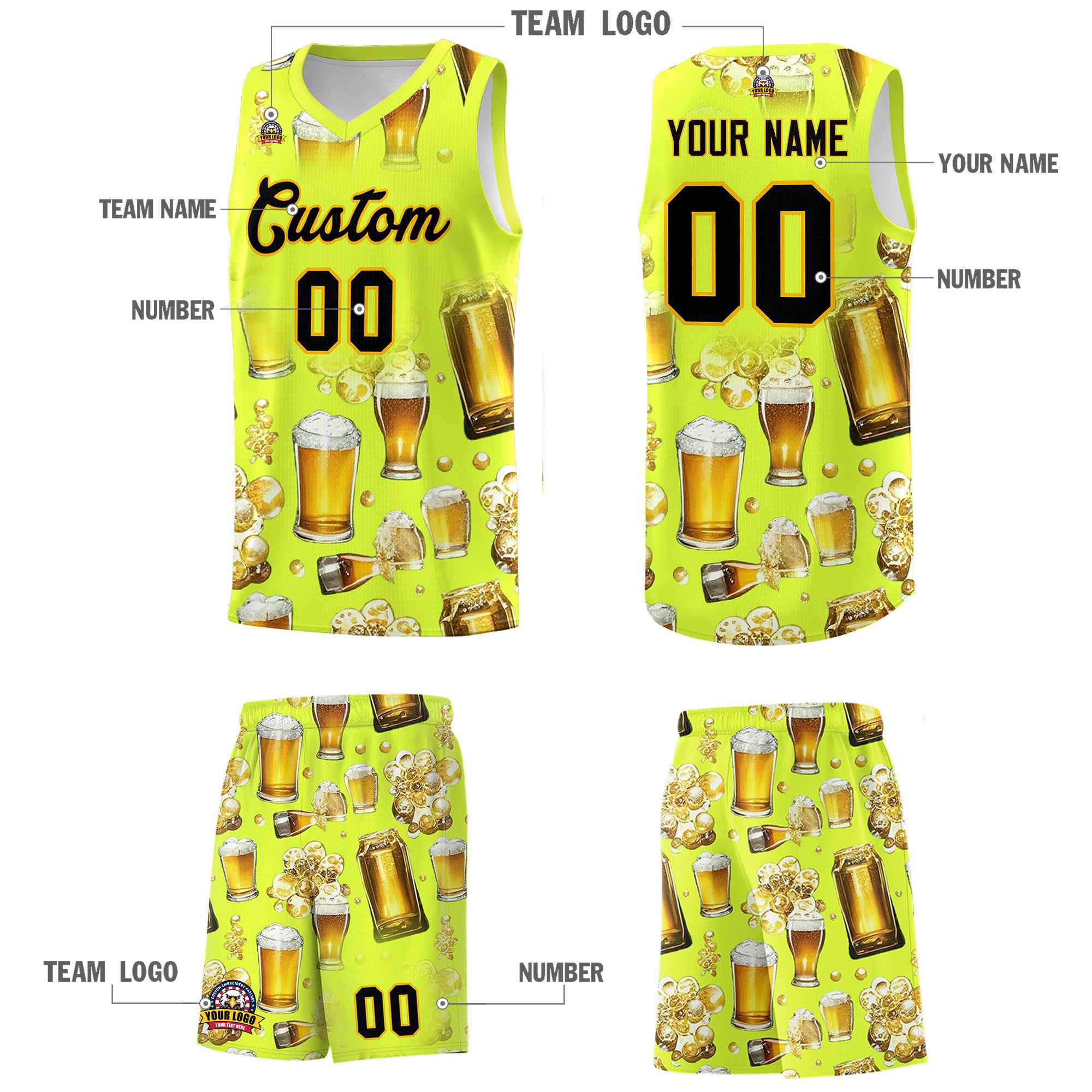 Custom Fluorescent Green National Beer Day Personalized Beer Bubble Basketball Jersey | Perfect for parties | Dye-sublimation printing | KXKSHOP