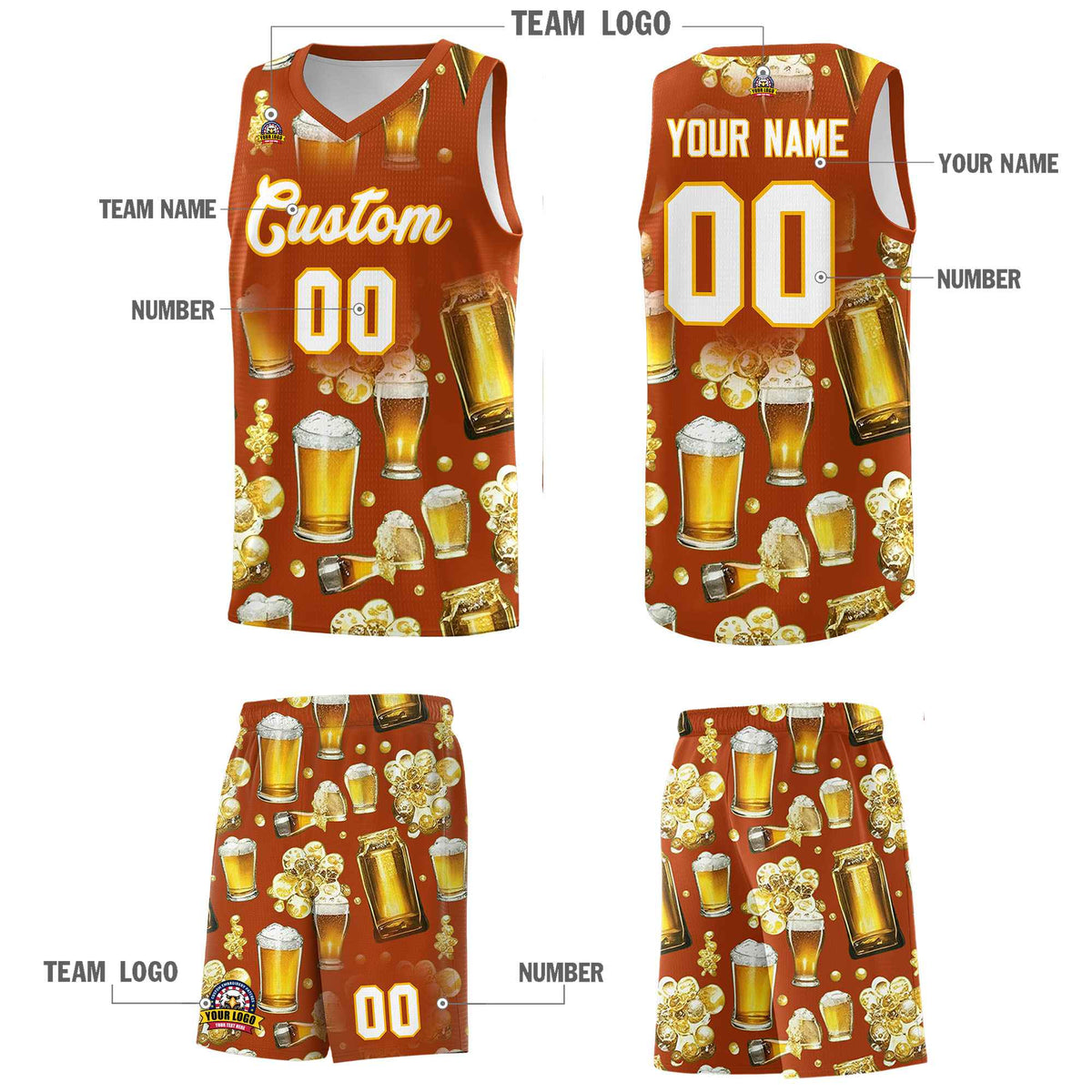 Custom Dark Orange National Beer Day Personalized Beer Bubble Basketball Jersey | Perfect for parties | Dye-sublimation printing | KXKSHOP