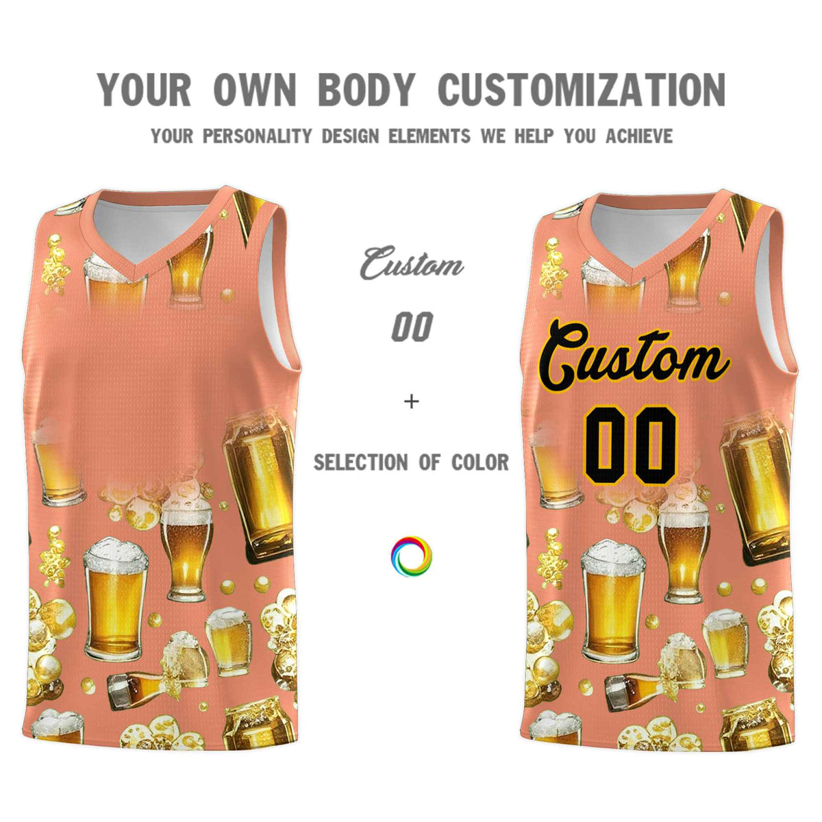 Custom Light Orange National Beer Day Personalized Beer Bubble Basketball Jersey | Perfect for parties | Dye-sublimation printing | KXKSHOP