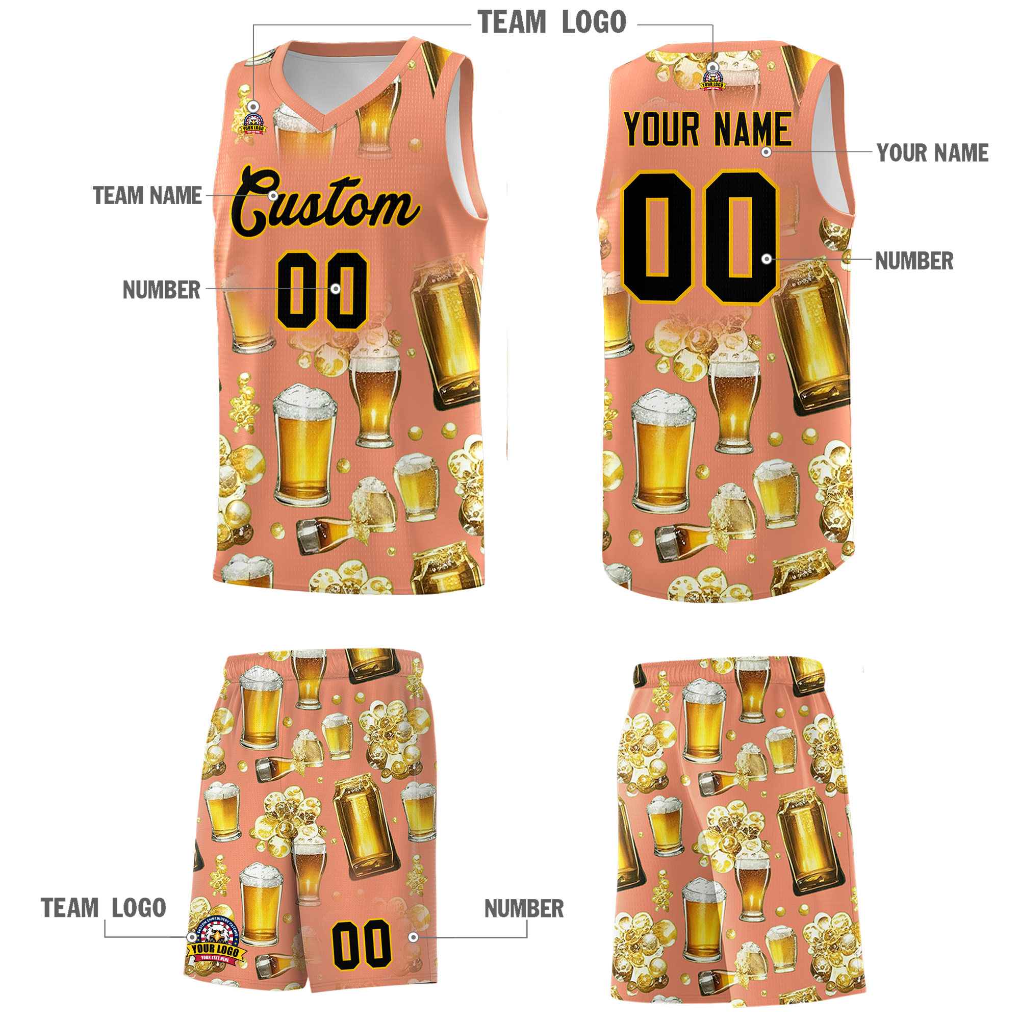 Custom Light Orange National Beer Day Personalized Beer Bubble Basketball Jersey | Perfect for parties | Dye-sublimation printing | KXKSHOP