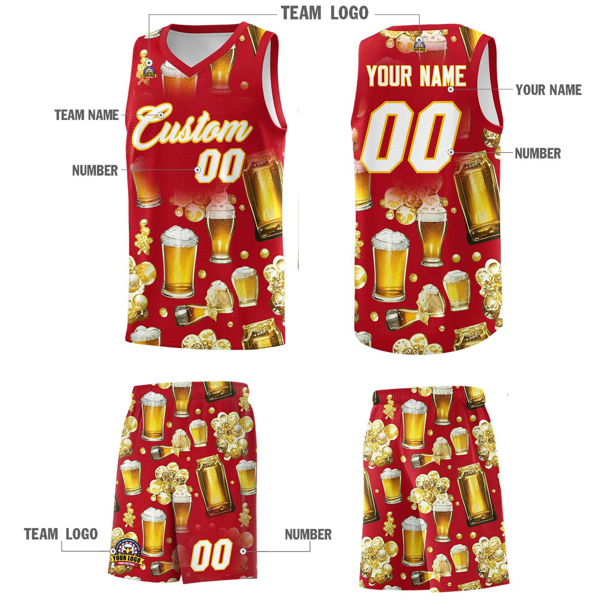 Custom Red National Beer Day Personalized Beer Bubble Basketball Jersey | Perfect for parties | Dye-sublimation printing | KXKSHOP