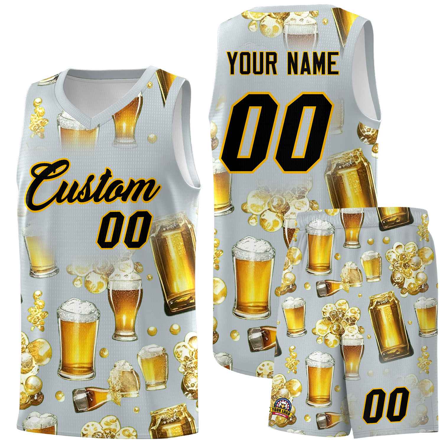 Custom Silver National Beer Day Personalized Beer Bubble Basketball Jersey | Perfect for parties | Dye-sublimation printing | KXKSHOP