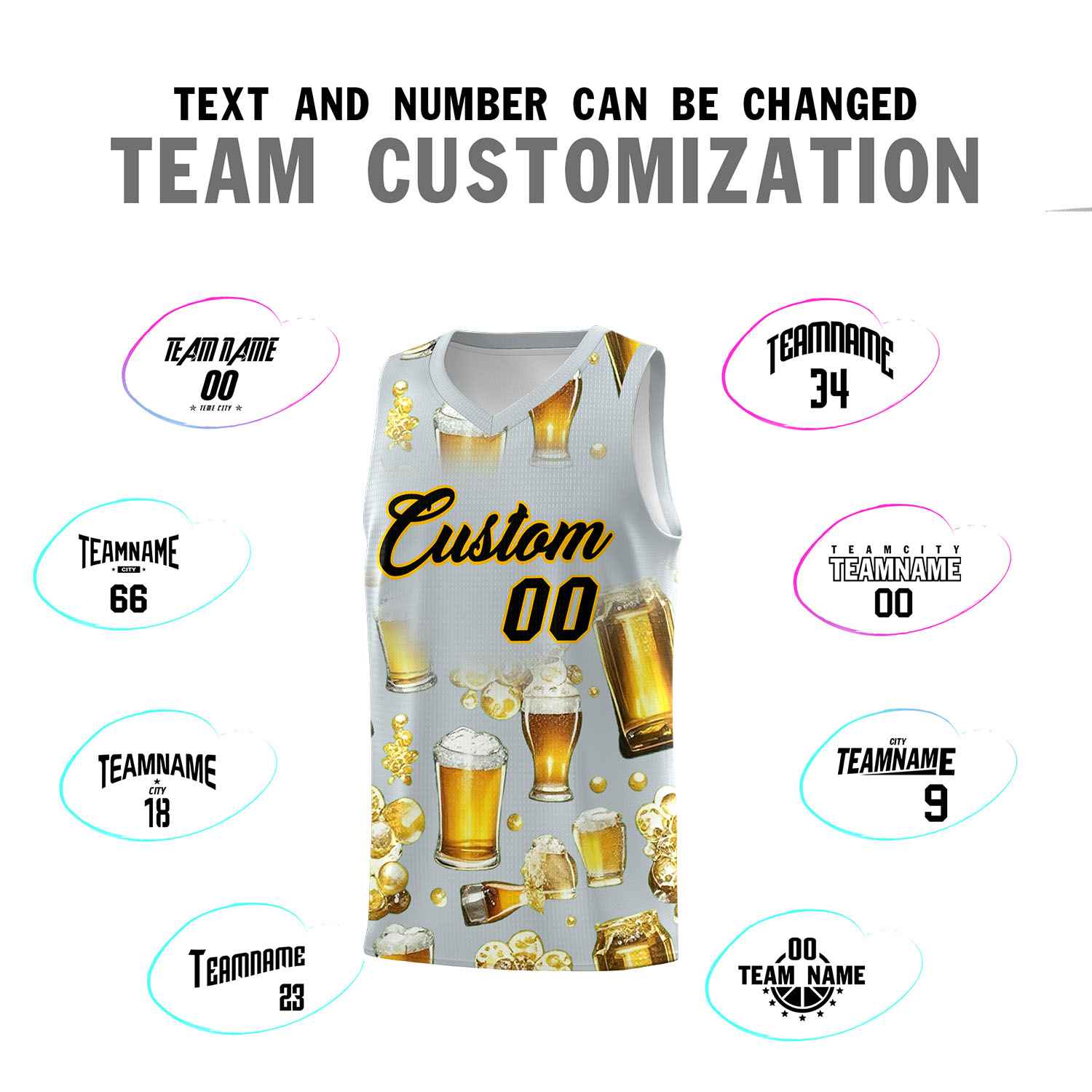 Custom Silver National Beer Day Personalized Beer Bubble Basketball Jersey | Perfect for parties | Dye-sublimation printing | KXKSHOP