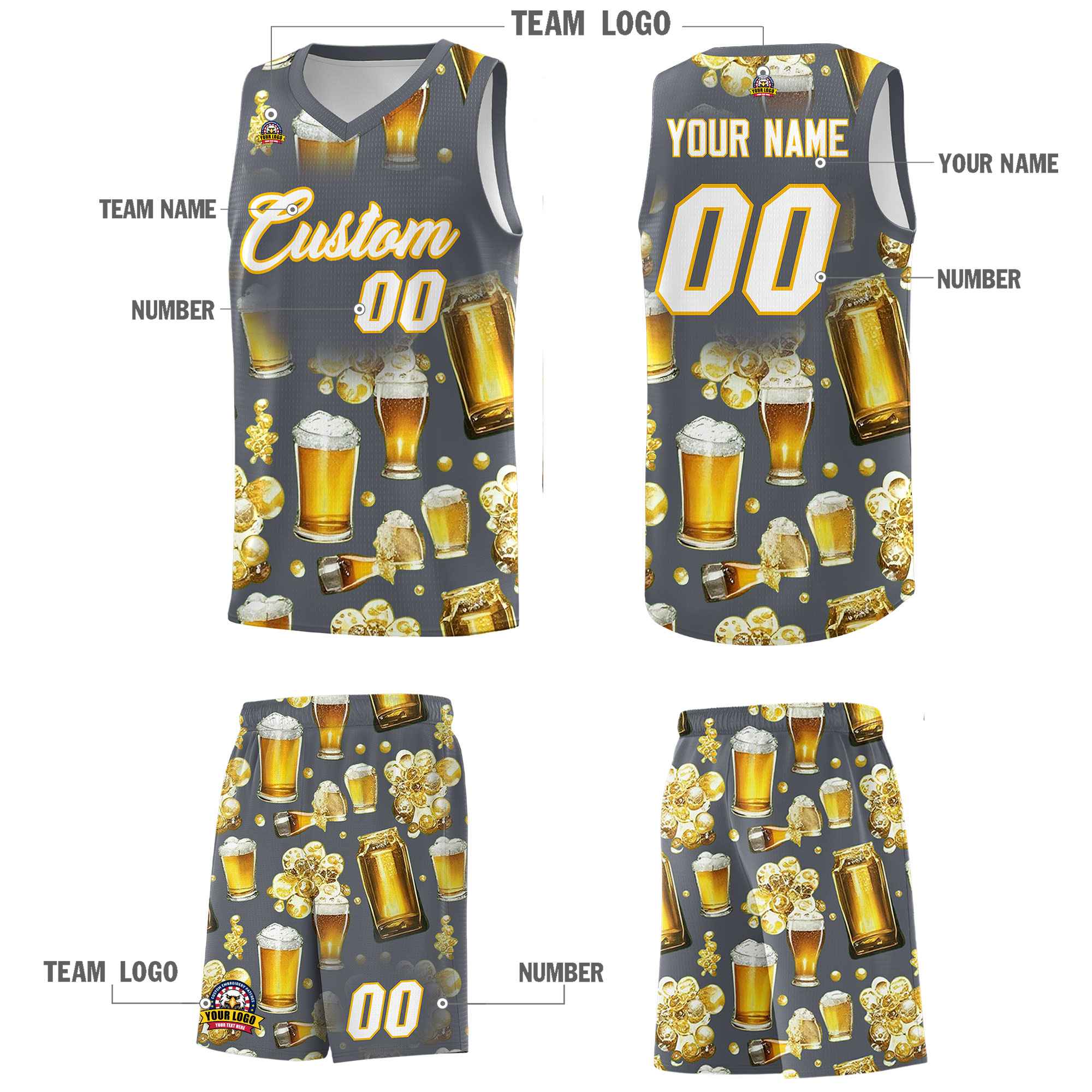 Custom Gray National Beer Day Personalized Beer Bubble Basketball Jersey | Perfect for parties | Dye-sublimation printing | KXKSHOP