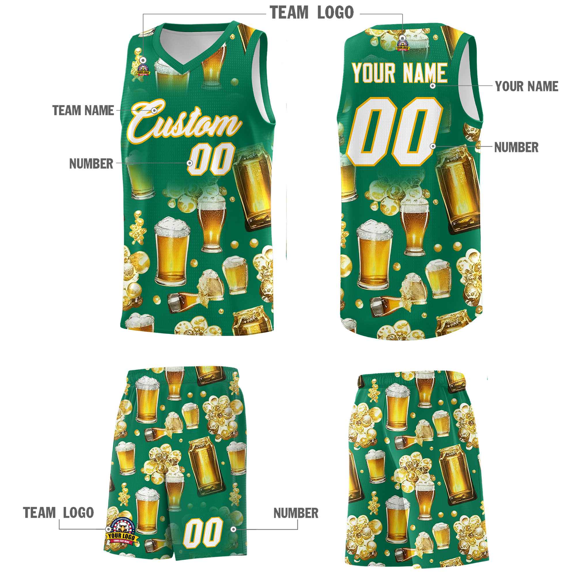 Custom Kelly Green National Beer Day Personalized Beer Bubble Basketball Jersey | Perfect for parties | Dye-sublimation printing | KXKSHOP