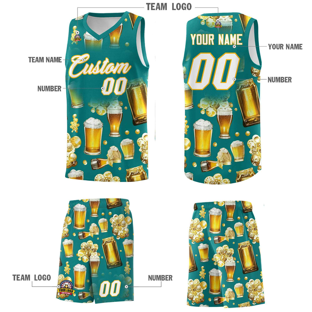 Custom Teal National Beer Day Personalized Beer Bubble Basketball Jersey | Perfect for parties | Dye-sublimation printing | KXKSHOP