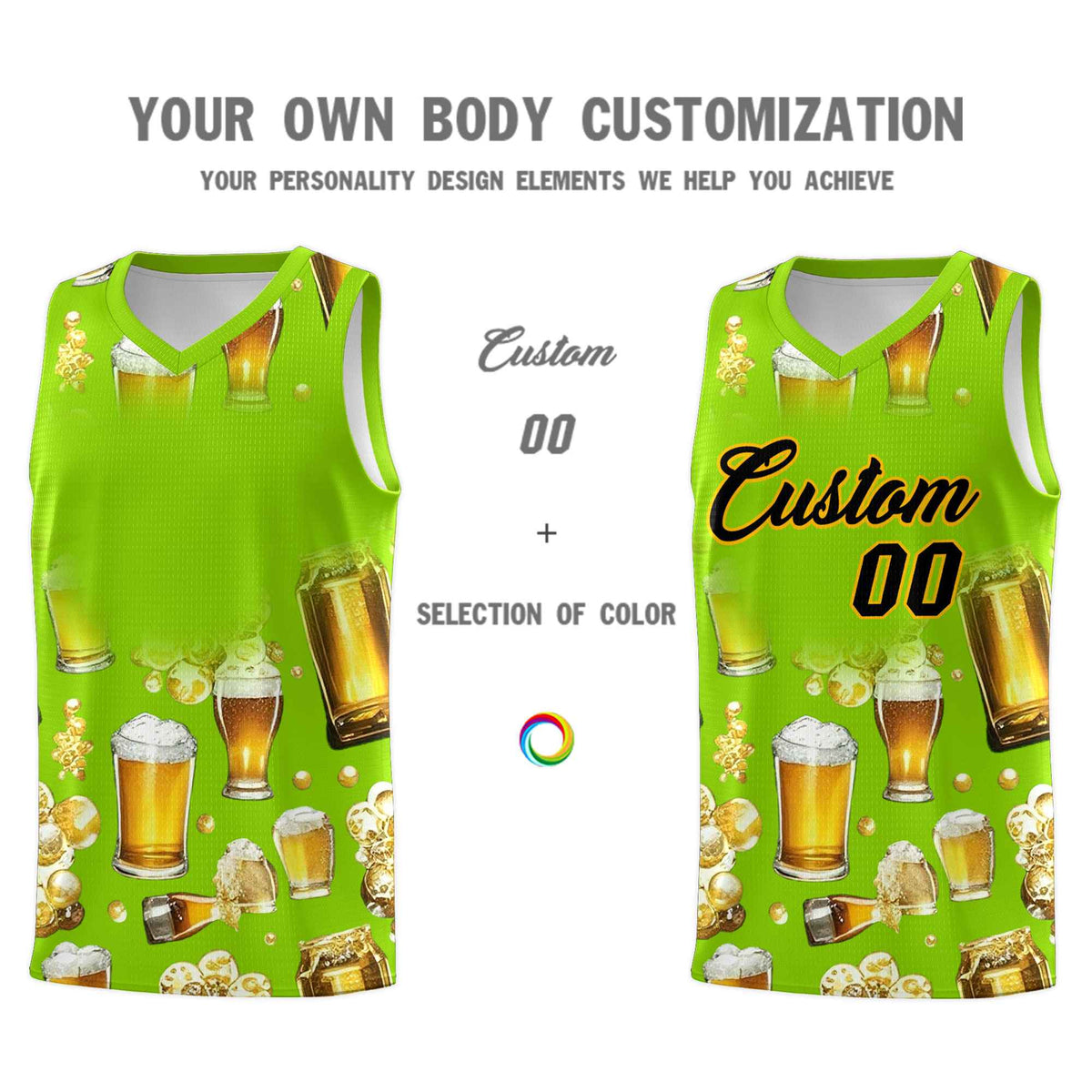 Custom Neon Green National Beer Day Personalized Beer Bubble Basketball Jersey | Perfect for parties | Dye-sublimation printing | KXKSHOP