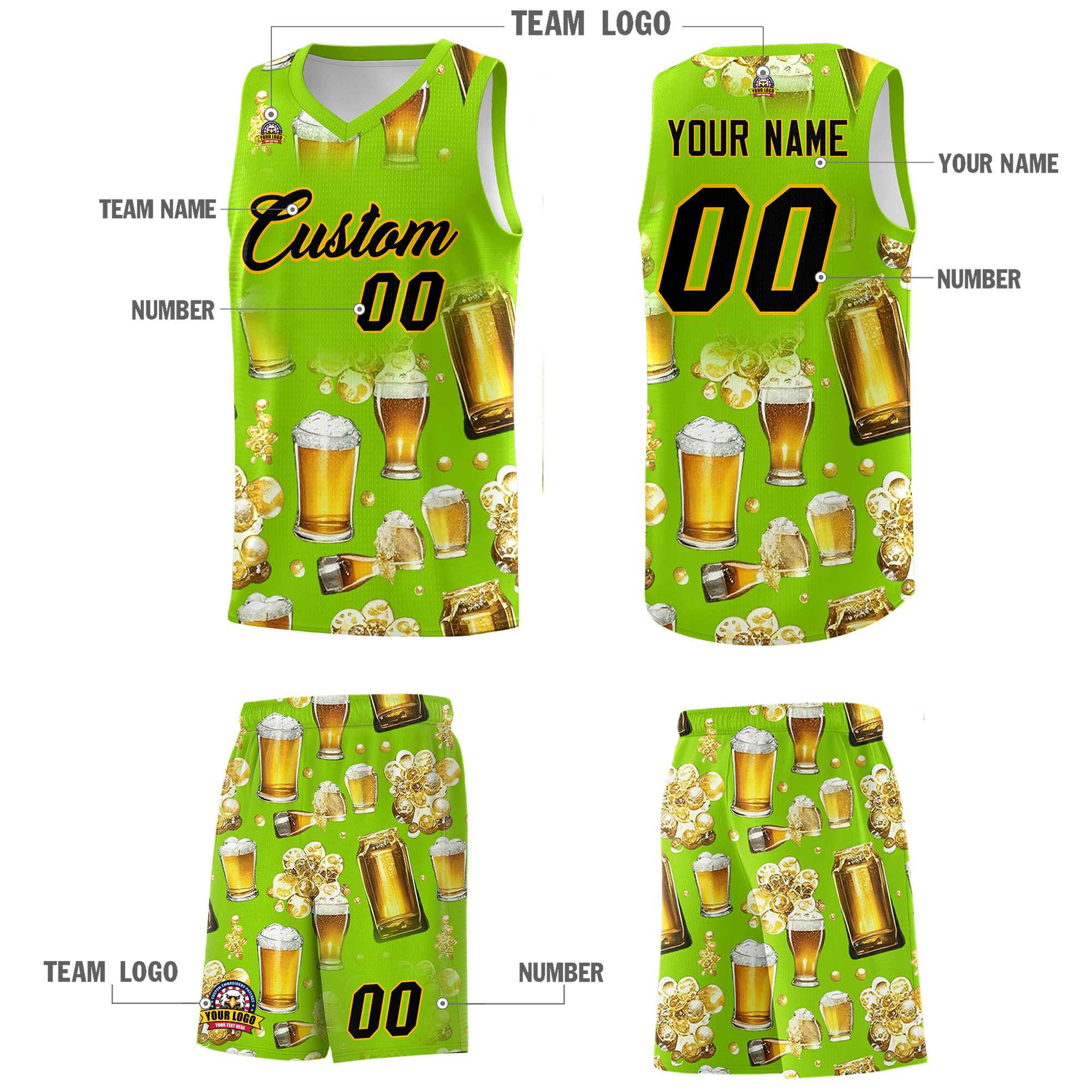 Custom Neon Green National Beer Day Personalized Beer Bubble Basketball Jersey | Perfect for parties | Dye-sublimation printing | KXKSHOP